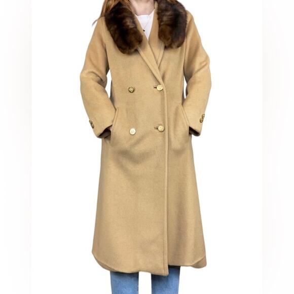 Vintage 70s Size 8 (Medium)Neutral Tan w/ Fur Accent Wool Blend Peacoat Jacket - Picture 5 of 10